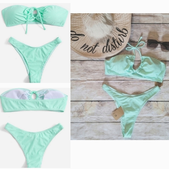 Other - Sexy High Waist Bandeau Mint Striped Bikini✨️